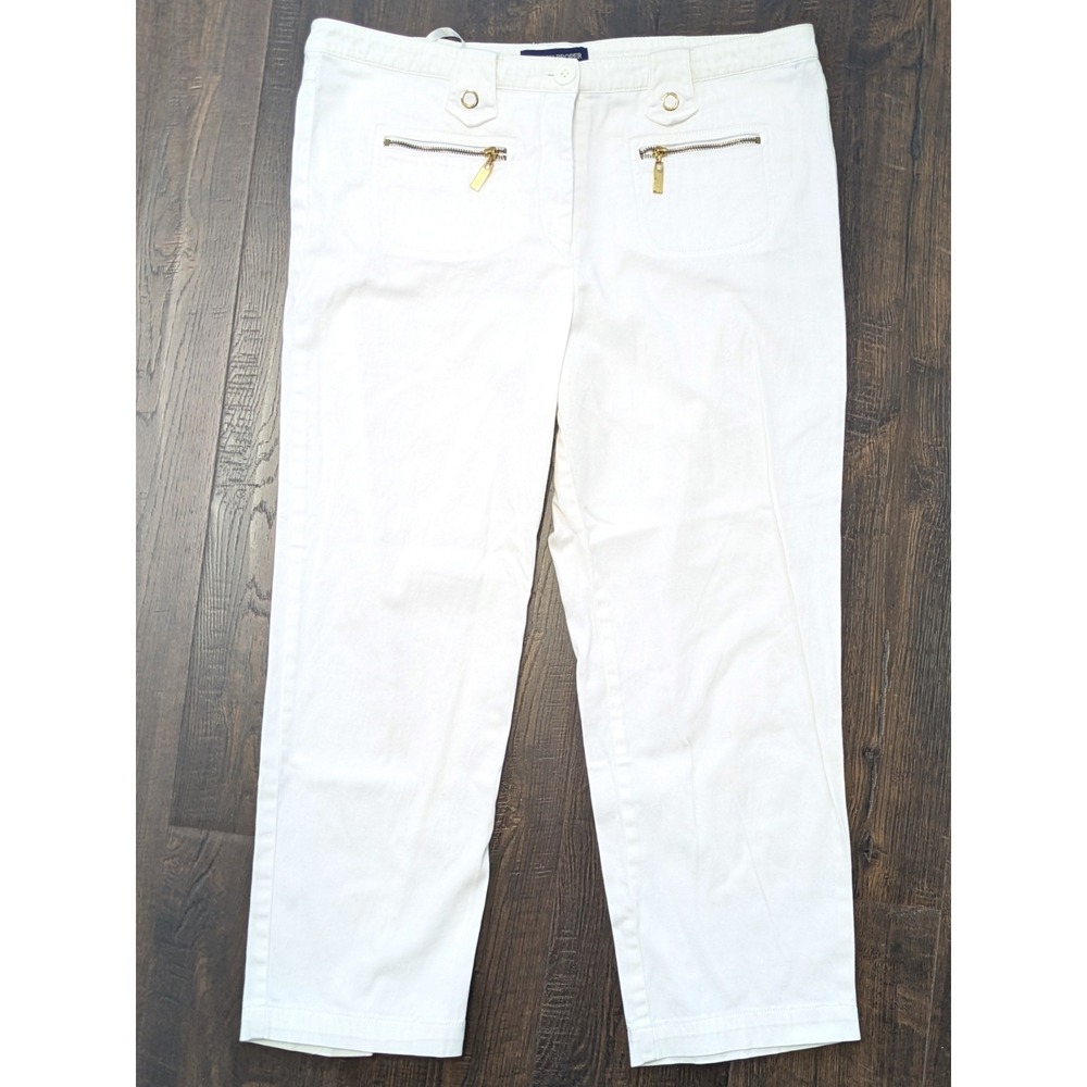 Boston Proper White Cropped Pants Gold Zipper Accent Stretch Trousers Size 10 *